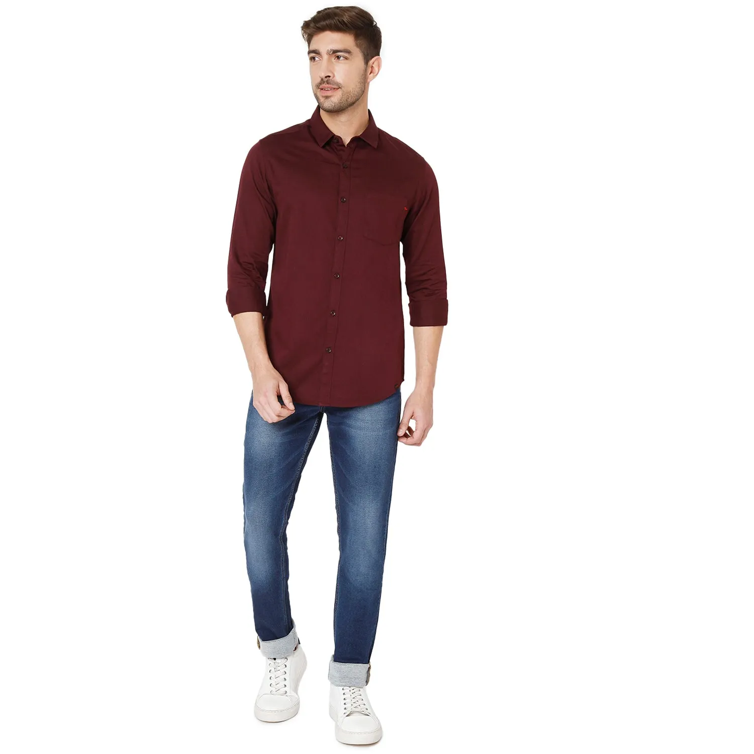 Spykar Red Cotton Slim Fit Shirts For Men
