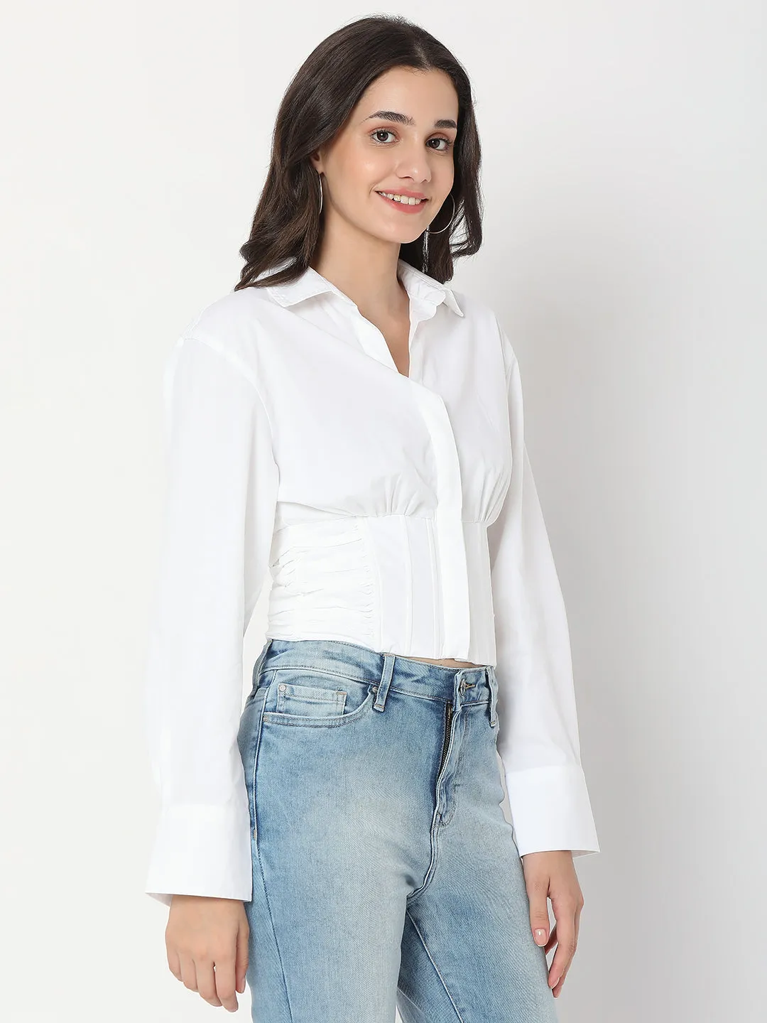 Spykar White Cotton Full Sleeve Plain Shirts For Women