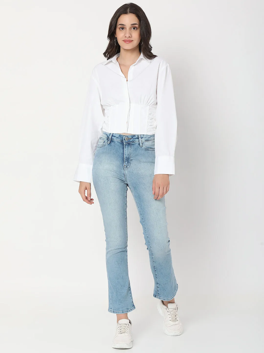 Spykar White Cotton Full Sleeve Plain Shirts For Women