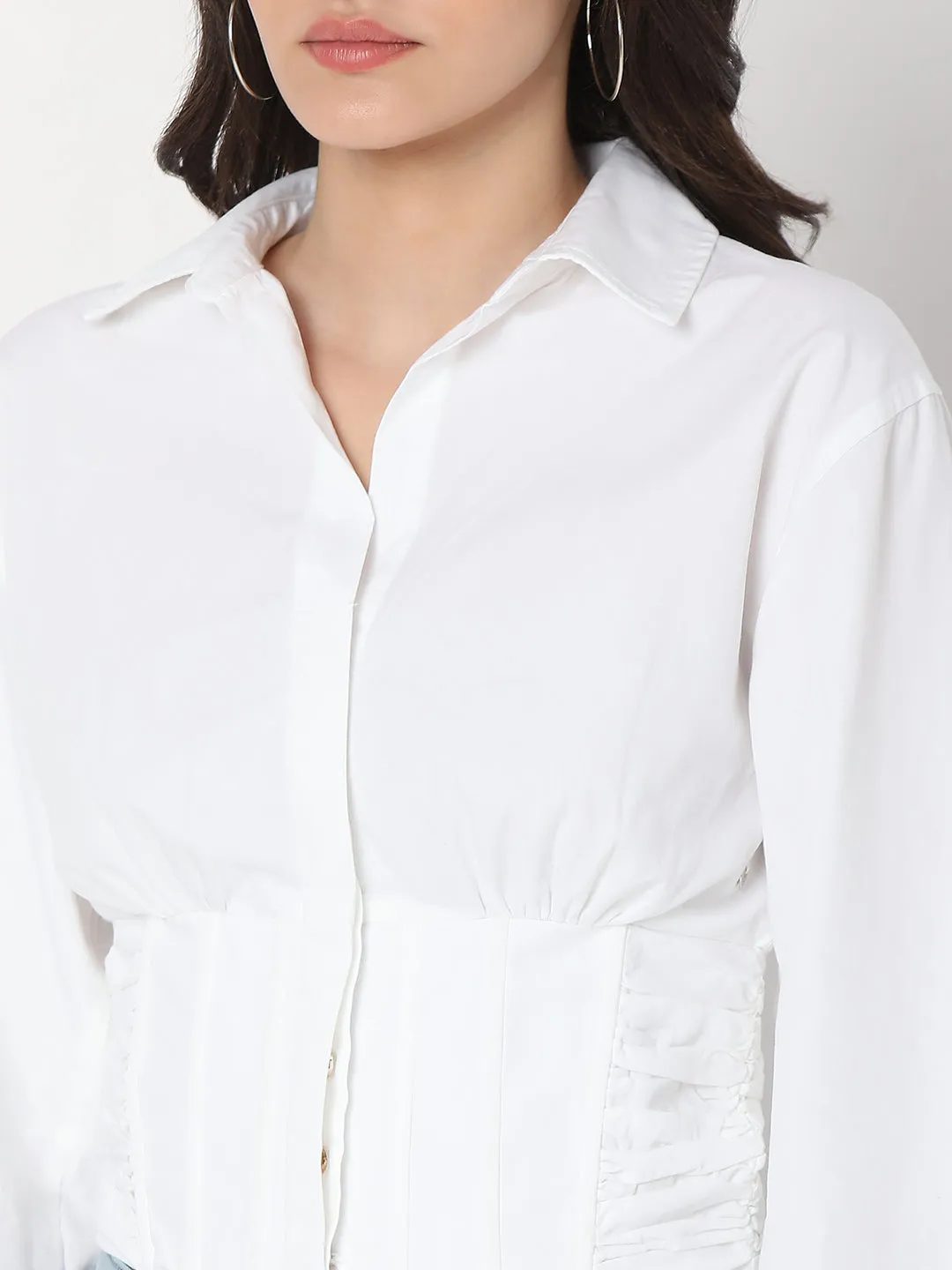 Spykar White Cotton Full Sleeve Plain Shirts For Women