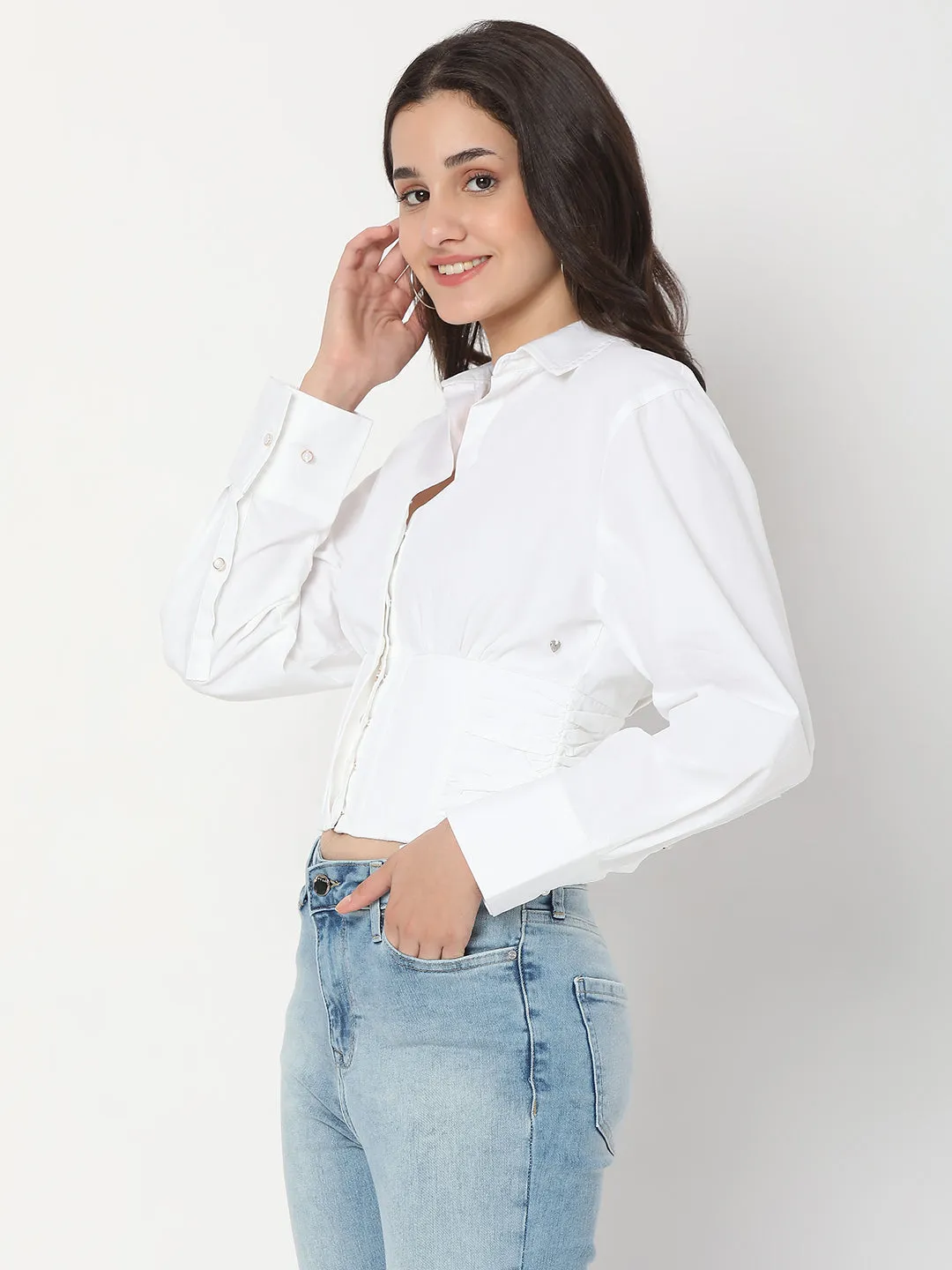 Spykar White Cotton Full Sleeve Plain Shirts For Women