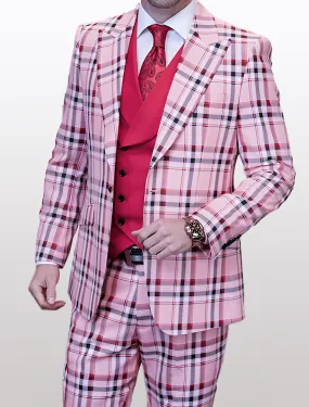 Statement Men's Hunter Pink Tartan Patterned Vested Suit