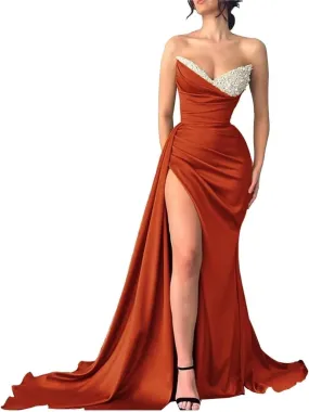 Strapless Mermaid Prom Dresses 2024 Long Sequin Beaded Satin V Neck Pleated Formal Dresses Evening Party Gowns with Slit