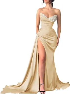 Strapless Mermaid Prom Dresses 2024 Long Sequin Beaded Satin V Neck Pleated Formal Dresses Evening Party Gowns with Slit