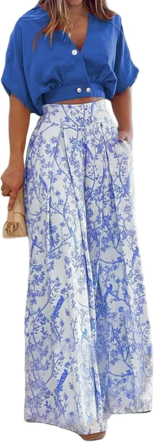 Summer 2 Piece Sets for Women Short Sleeve V Neck Sexy Crop Tops Matching Print Wide Leg Pants Set Vacation Airport