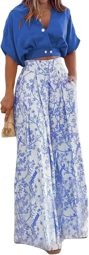 Summer 2 Piece Sets for Women Short Sleeve V Neck Sexy Crop Tops Matching Print Wide Leg Pants Set Vacation Airport