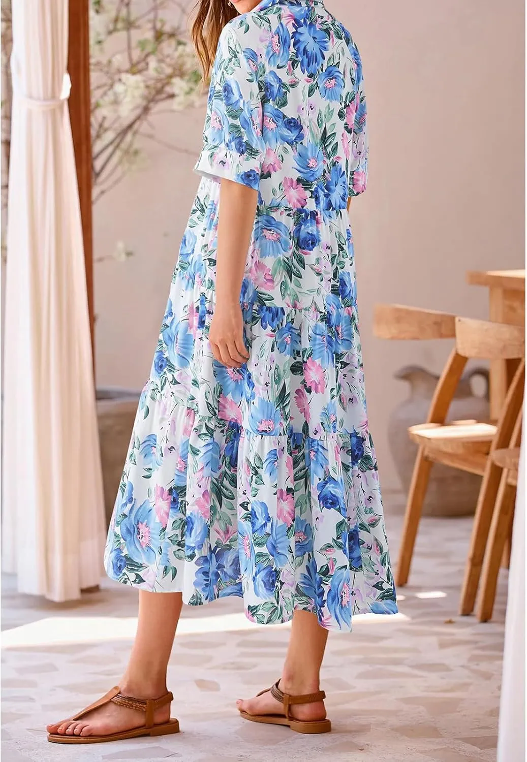 Summer Dresses for Women 2025 Button Down Coolared Shirts Maxi Dress Boho Floral Sundress with Pocket Maxi