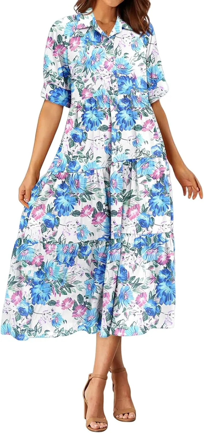 Summer Dresses for Women 2025 Button Down Coolared Shirts Maxi Dress Boho Floral Sundress with Pocket Maxi