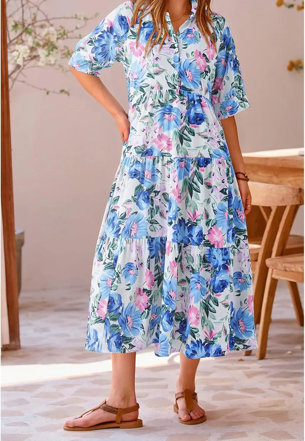 Summer Dresses for Women 2025 Button Down Coolared Shirts Maxi Dress Boho Floral Sundress with Pocket Maxi