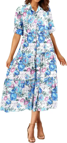 Summer Dresses for Women 2025 Button Down Coolared Shirts Maxi Dress Boho Floral Sundress with Pocket Maxi
