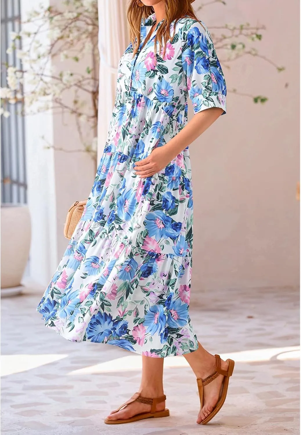 Summer Dresses for Women 2025 Button Down Coolared Shirts Maxi Dress Boho Floral Sundress with Pocket Maxi