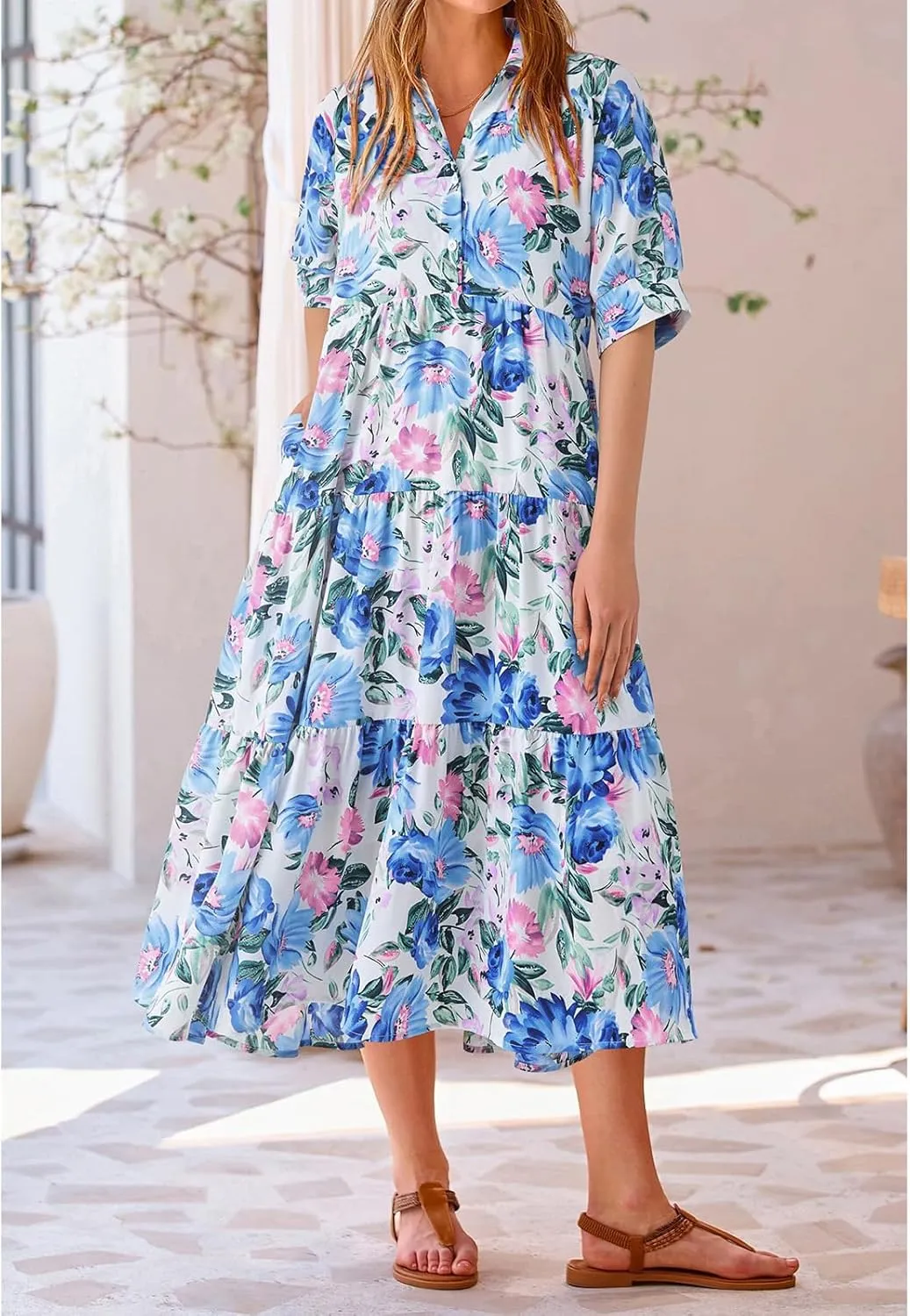 Summer Dresses for Women 2025 Button Down Coolared Shirts Maxi Dress Boho Floral Sundress with Pocket Maxi