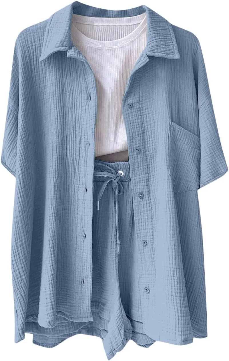 Two Piece Linen Sets for Women Summer Short Sleeve Top and Shorts Sweatsuit Set Casual Beach Vacation Outfits