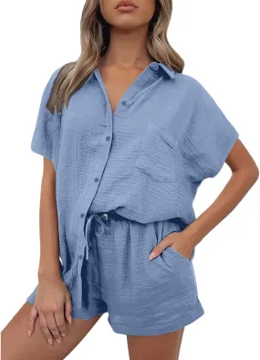 Two Piece Linen Sets for Women Summer Short Sleeve Top and Shorts Sweatsuit Set Casual Beach Vacation Outfits
