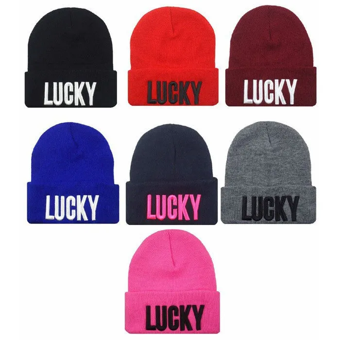 Unisex Men and Women Cap with Letter Hat Cap LUCKY Knitted Hats for Women Beanies for Men Sport Hats / Gorros / Bonnets