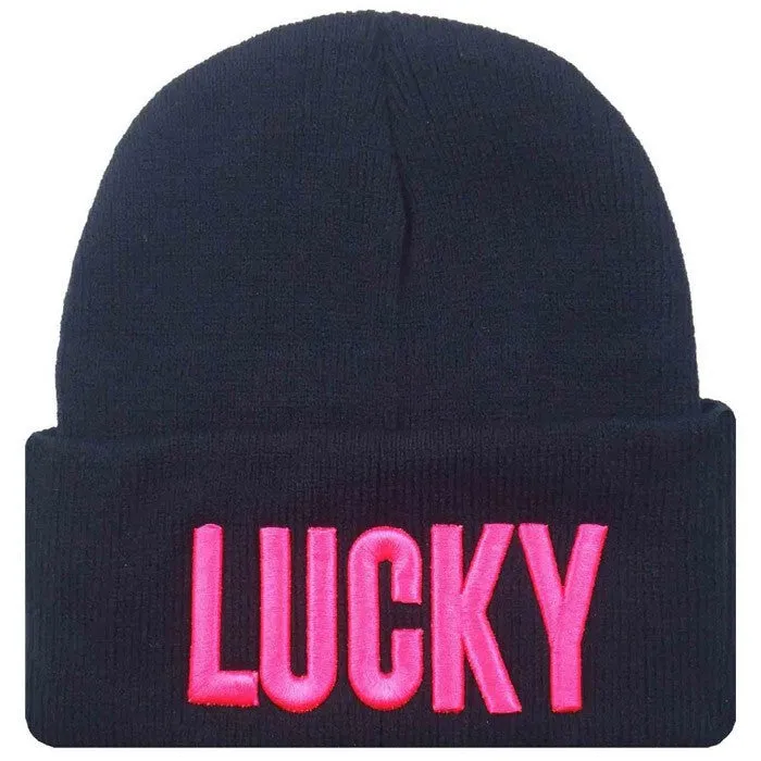 Unisex Men and Women Cap with Letter Hat Cap LUCKY Knitted Hats for Women Beanies for Men Sport Hats / Gorros / Bonnets