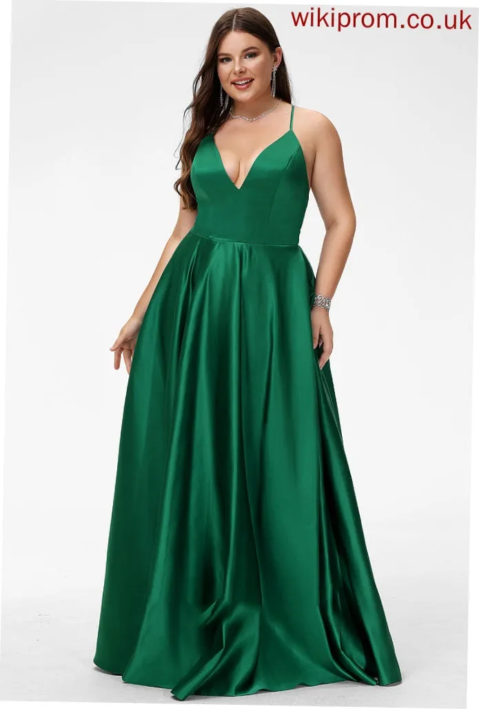 V-neck Floor-Length Genevieve A-Line Prom Dresses Satin