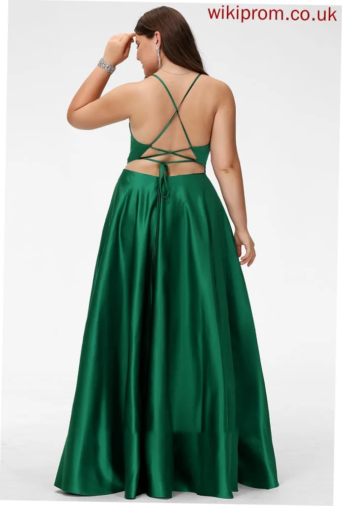V-neck Floor-Length Genevieve A-Line Prom Dresses Satin