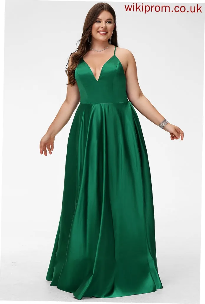 V-neck Floor-Length Genevieve A-Line Prom Dresses Satin