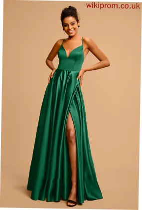V-neck Floor-Length Genevieve A-Line Prom Dresses Satin