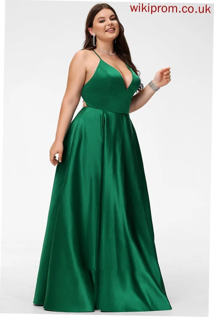V-neck Floor-Length Genevieve A-Line Prom Dresses Satin