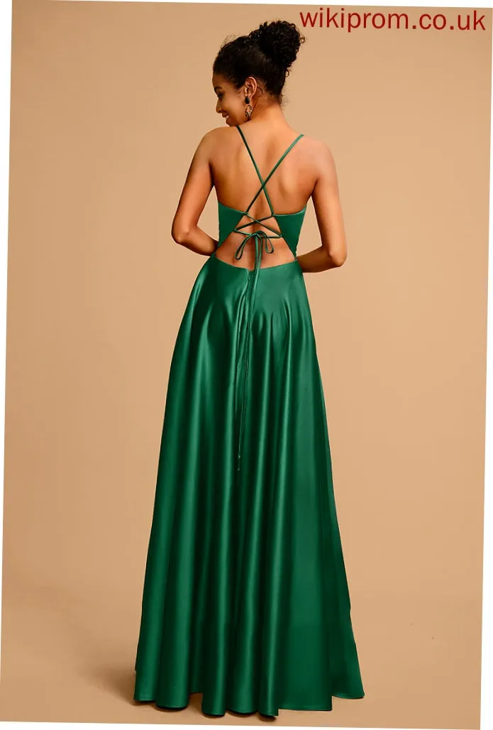 V-neck Floor-Length Genevieve A-Line Prom Dresses Satin