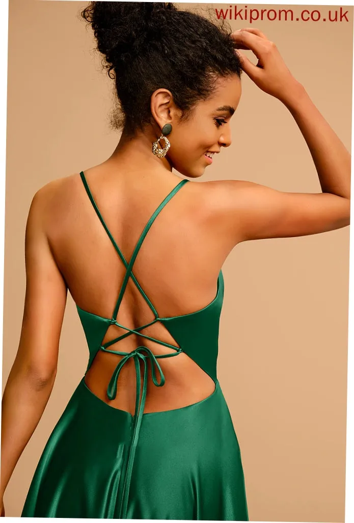 V-neck Floor-Length Genevieve A-Line Prom Dresses Satin