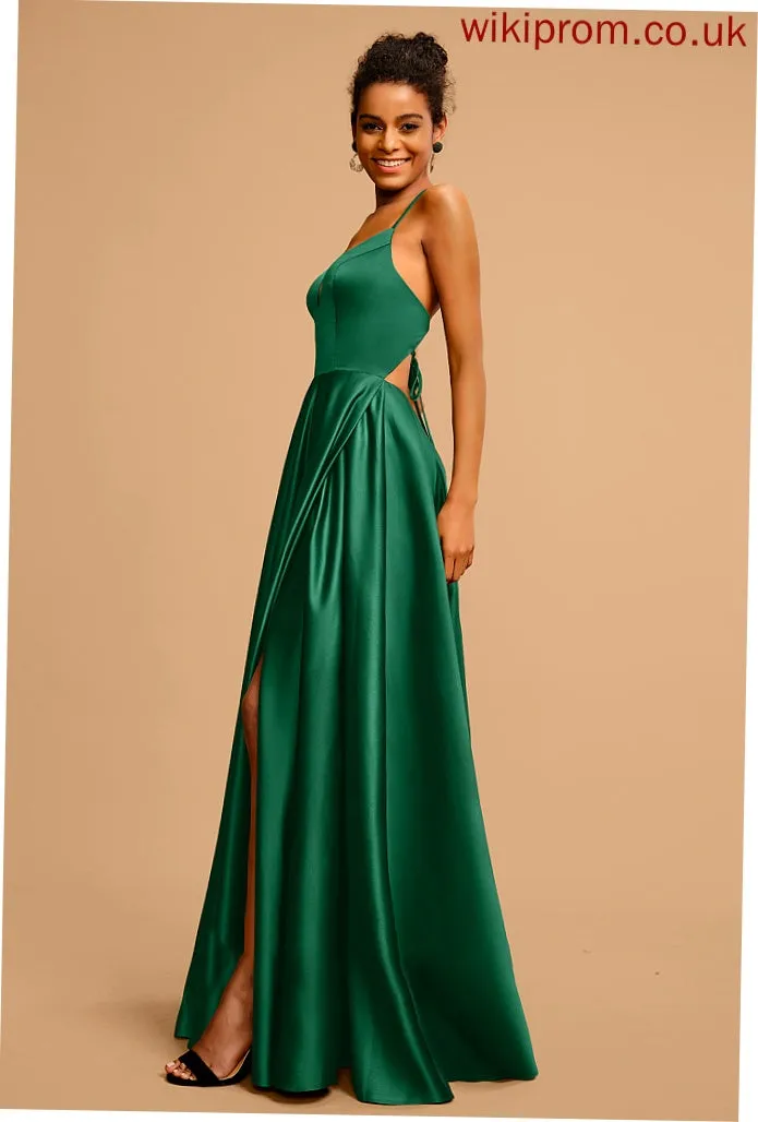 V-neck Floor-Length Genevieve A-Line Prom Dresses Satin