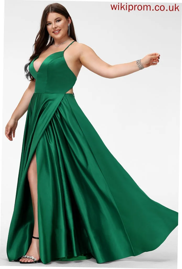 V-neck Floor-Length Genevieve A-Line Prom Dresses Satin