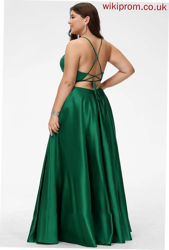 V-neck Floor-Length Genevieve A-Line Prom Dresses Satin