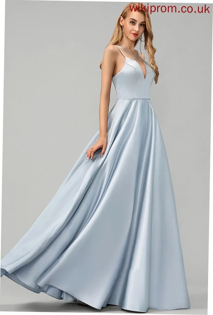 V-neck Floor-Length Satin A-Line Madisyn Prom Dresses
