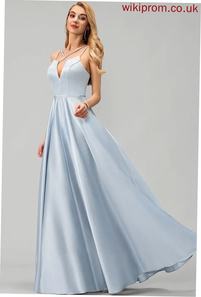 V-neck Floor-Length Satin A-Line Madisyn Prom Dresses