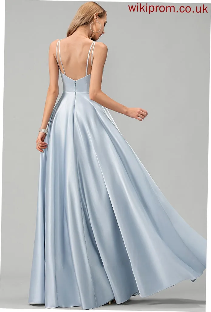 V-neck Floor-Length Satin A-Line Madisyn Prom Dresses