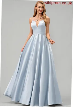 V-neck Floor-Length Satin A-Line Madisyn Prom Dresses