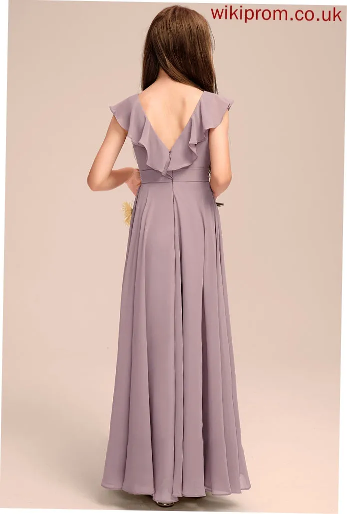 V-neck Junior Bridesmaid Dresses With Floor-Length A-Line Isabell Cascading Chiffon Ruffles