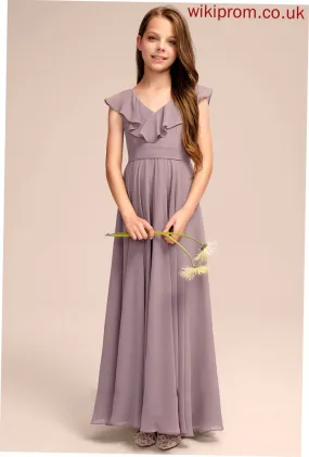 V-neck Junior Bridesmaid Dresses With Floor-Length A-Line Isabell Cascading Chiffon Ruffles
