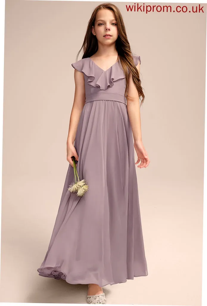 V-neck Junior Bridesmaid Dresses With Floor-Length A-Line Isabell Cascading Chiffon Ruffles