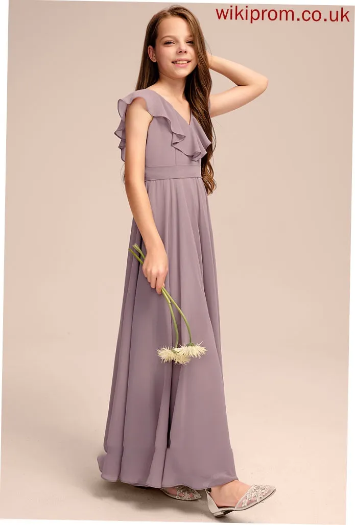 V-neck Junior Bridesmaid Dresses With Floor-Length A-Line Isabell Cascading Chiffon Ruffles