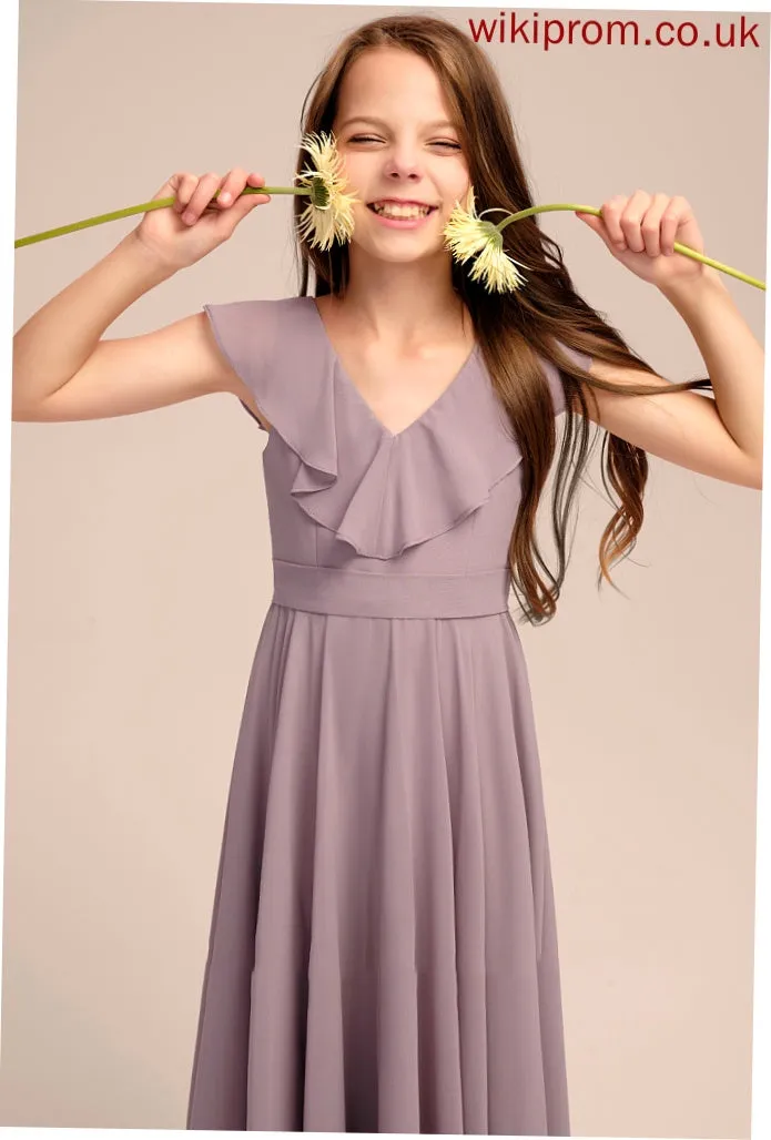 V-neck Junior Bridesmaid Dresses With Floor-Length A-Line Isabell Cascading Chiffon Ruffles