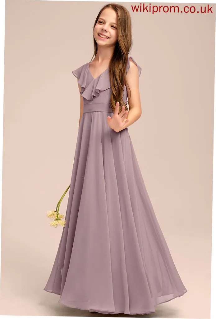 V-neck Junior Bridesmaid Dresses With Floor-Length A-Line Isabell Cascading Chiffon Ruffles