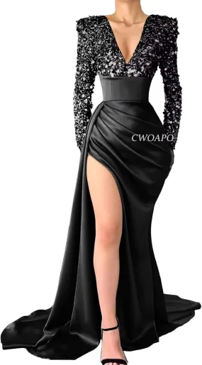 V Neck Sequin Long Sleeve Prom Dresses Satin Mermaid Evening Gowns for Women Formal Wedding Party Gala Dress with Slit