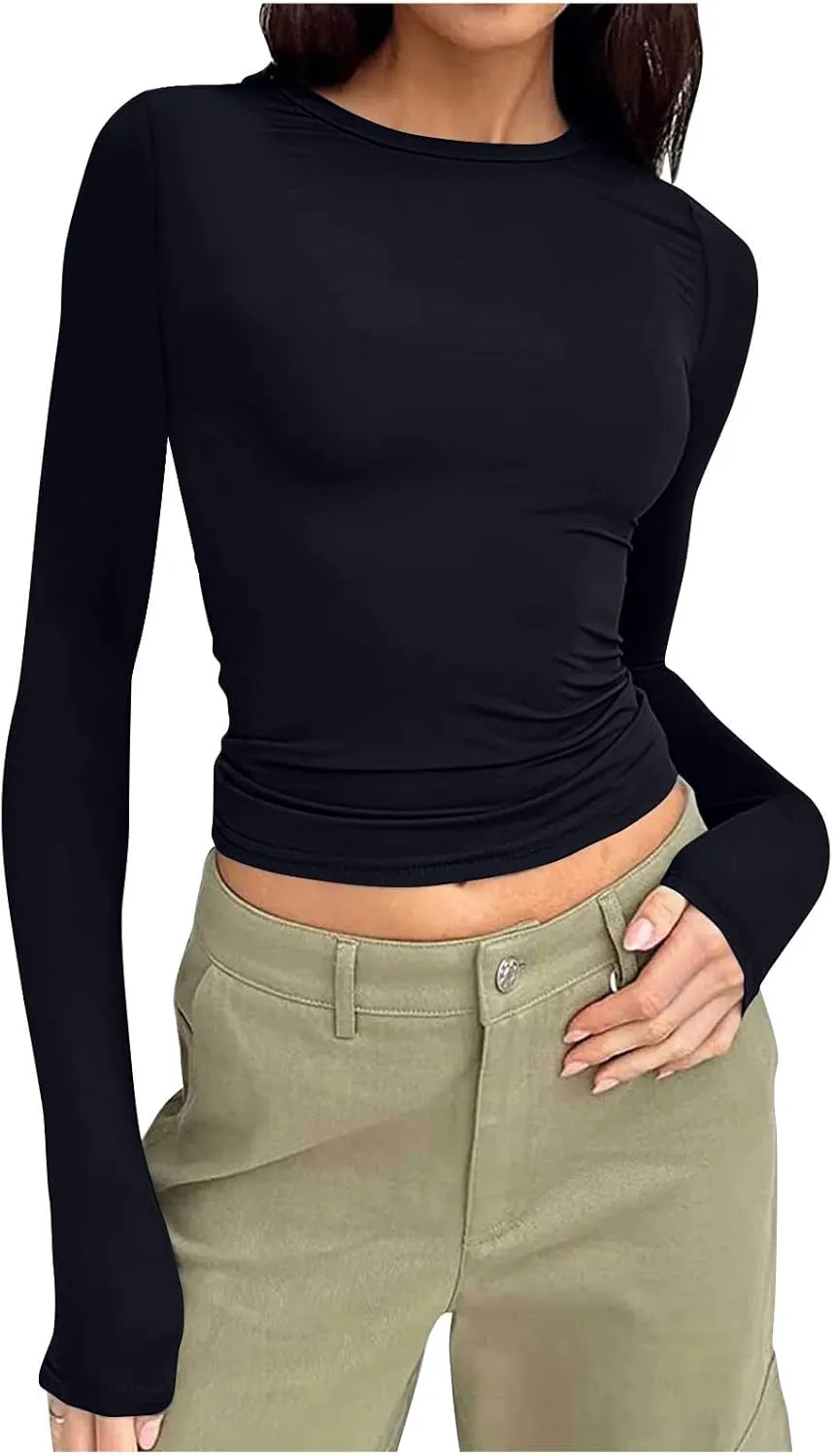 Warm Long Sleeve Tops for Women Casual Stretch Basic Tees Fashion Going Out Tees Slim Blouse Matching T-Shirt