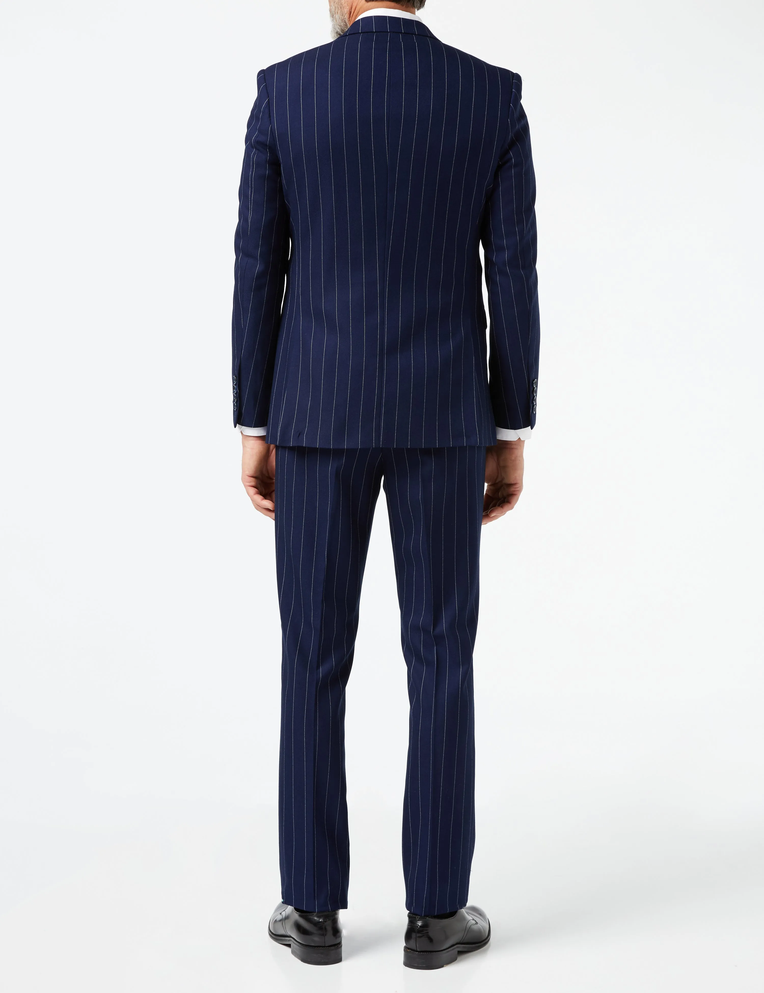 White Pinstripe on Navy Suit