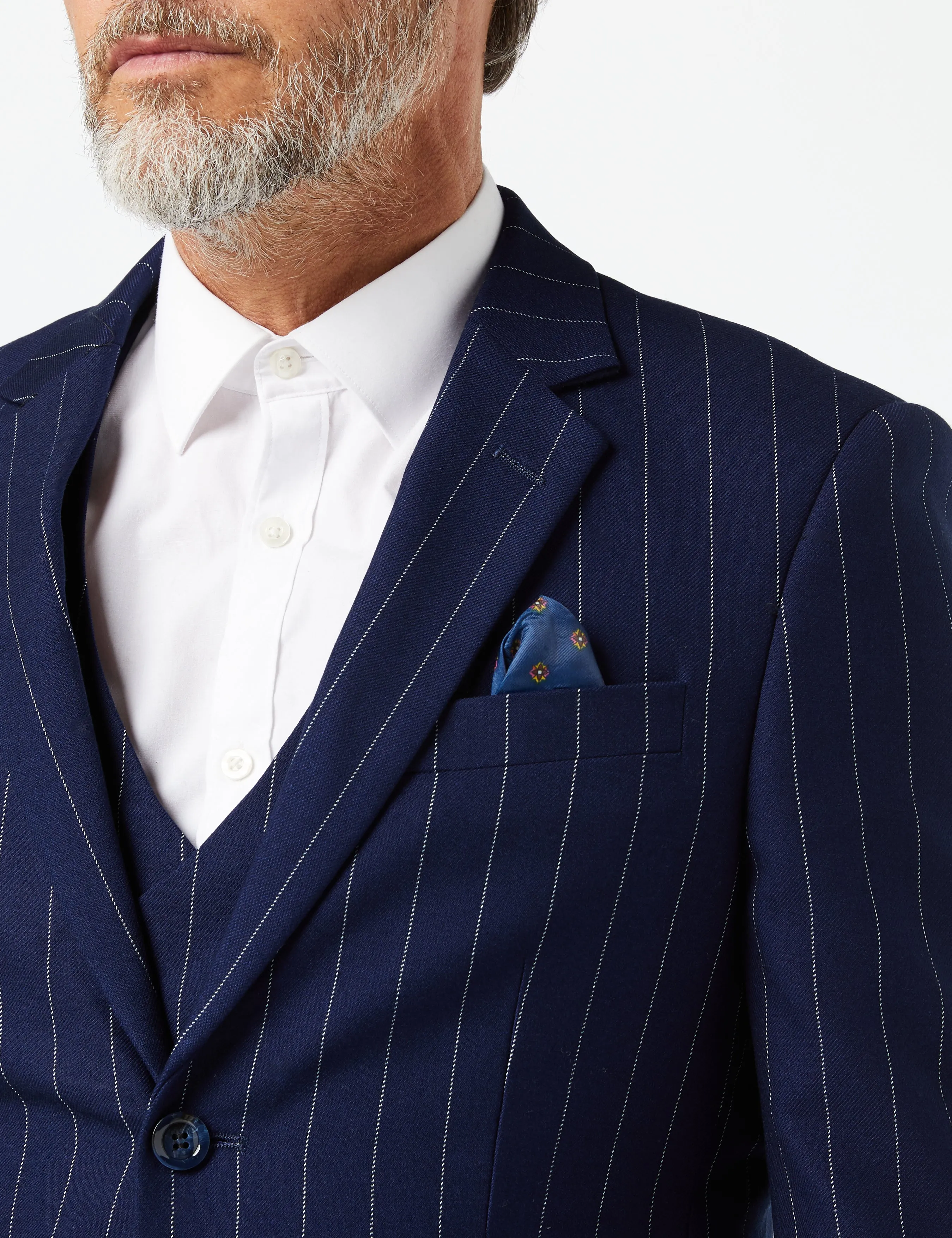 White Pinstripe on Navy Suit