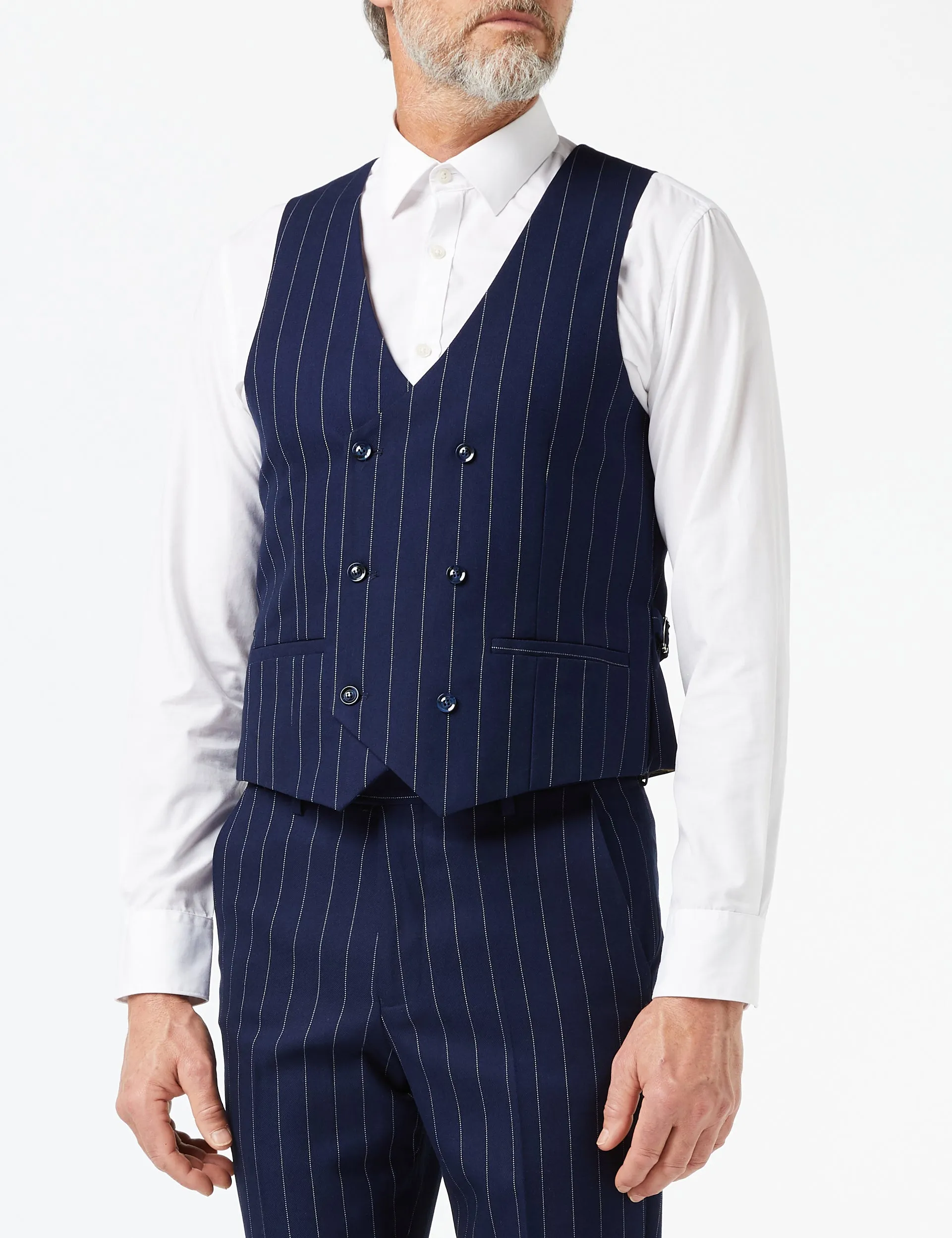 White Pinstripe on Navy Suit