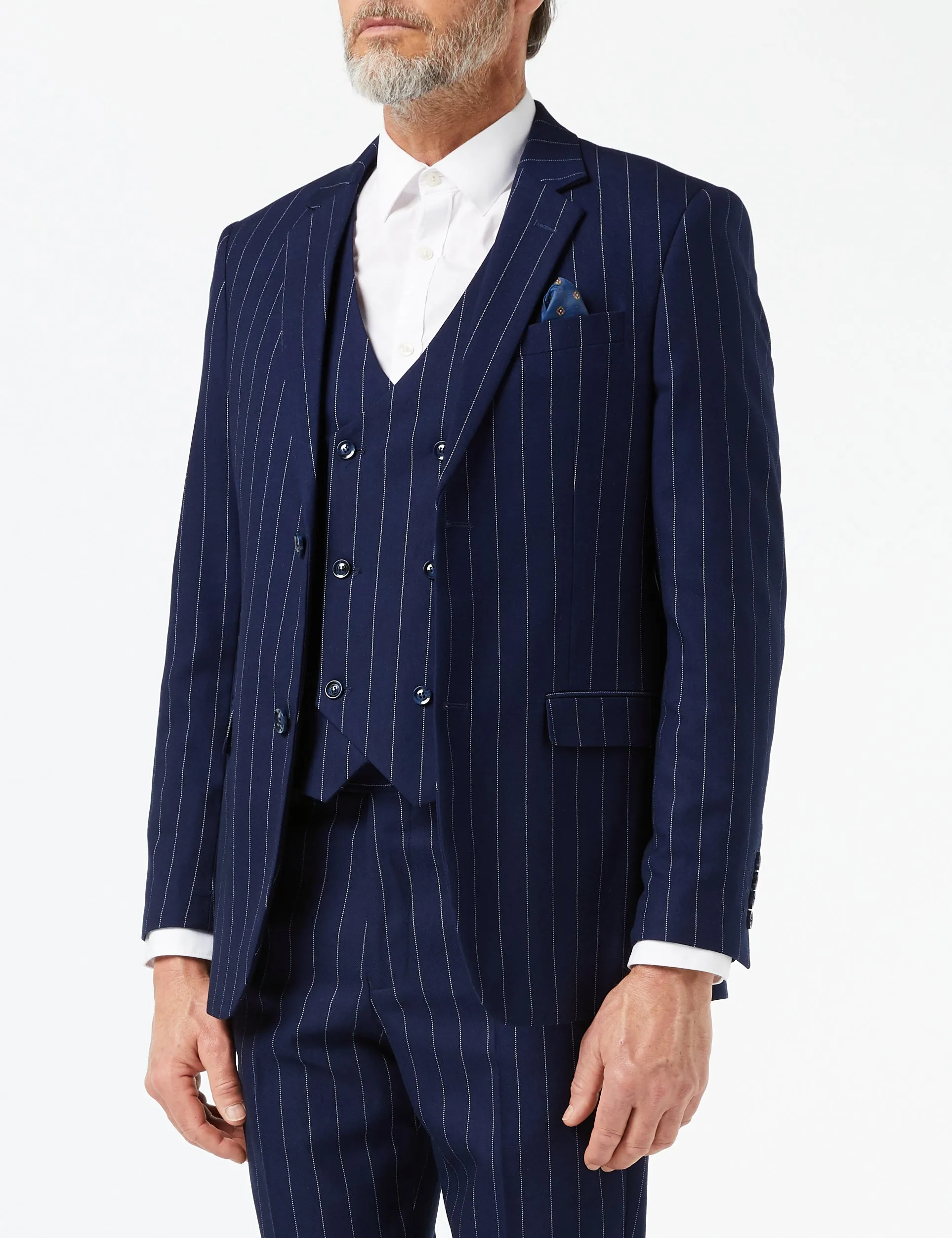 White Pinstripe on Navy Suit