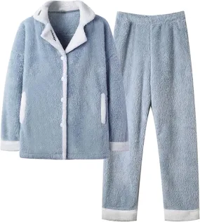 Winter Pajama Sets for Women 2 Piece Lounge Set Warm Pjs Set Fleece Loungewear Button Up Tops and Fuzzy Pajamas Pants