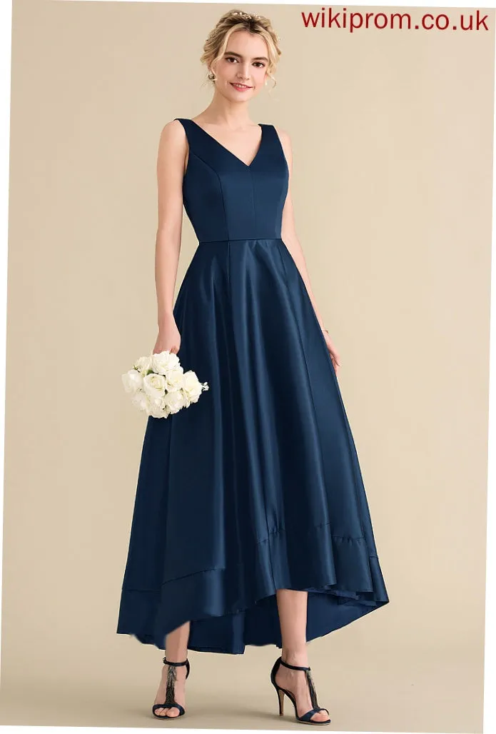 With Ball-Gown/Princess Asymmetrical Satin V-neck Prom Dresses Pockets Adelaide