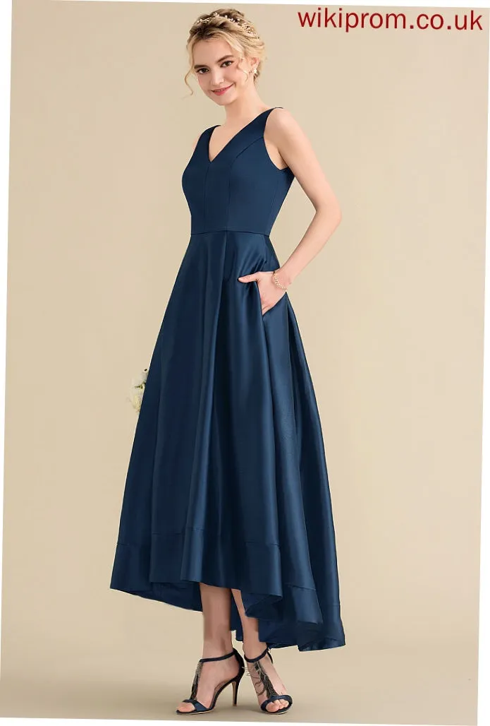 With Ball-Gown/Princess Asymmetrical Satin V-neck Prom Dresses Pockets Adelaide