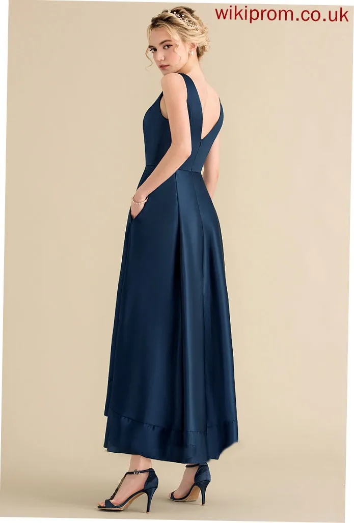 With Ball-Gown/Princess Asymmetrical Satin V-neck Prom Dresses Pockets Adelaide